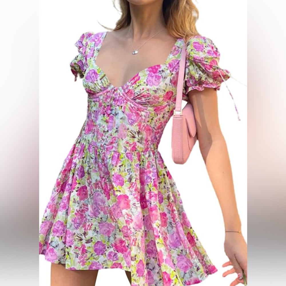 For Love And Lemons Pink Floral Sweetheart Mini Dress